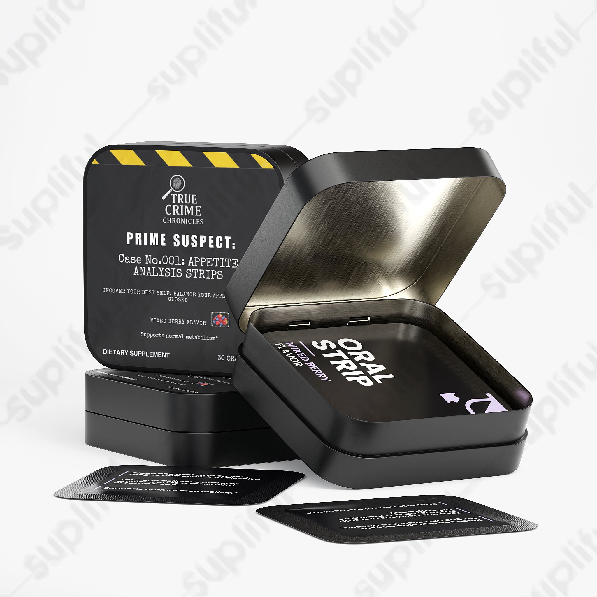 Appetite Analysis Strips open metal tin with oral strip packets appetite control supplement