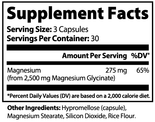 Supplement facts label for NDCH Magnesium Glycinate 275mg per serving 90 capsules