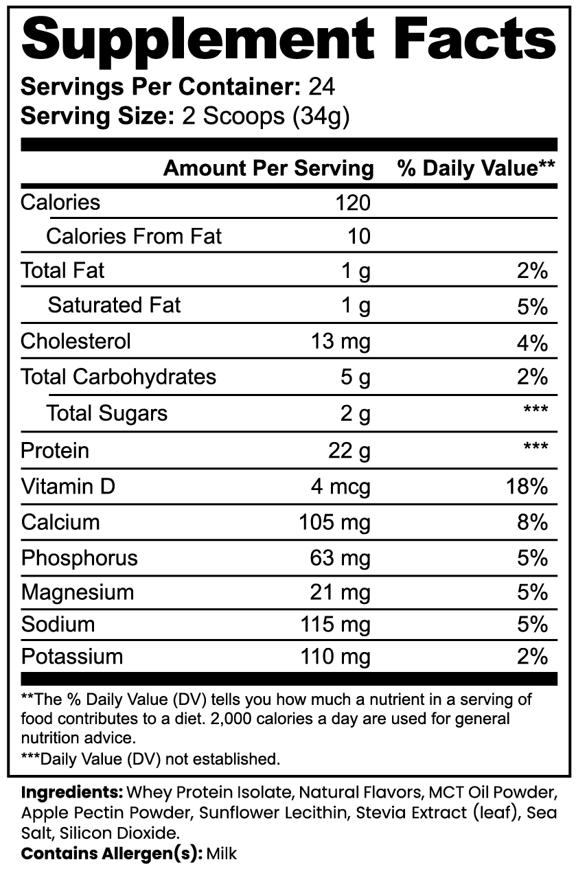 Supplement facts label for NDCH 100% Whey Protein Isolate Vanilla 22g protein per serving