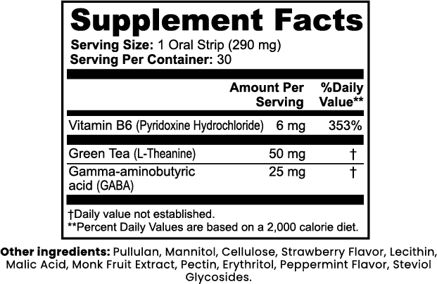 Supplement facts label for NDCH L-Theanine Calm Strips 200mg per strip