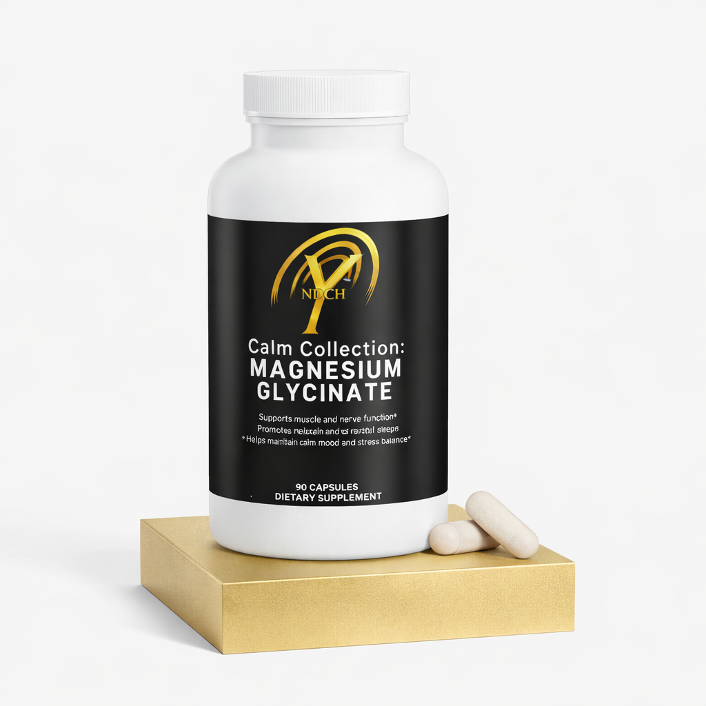 NDCH Magnesium Glycinate capsules beside supplement bottle for sleep and calm