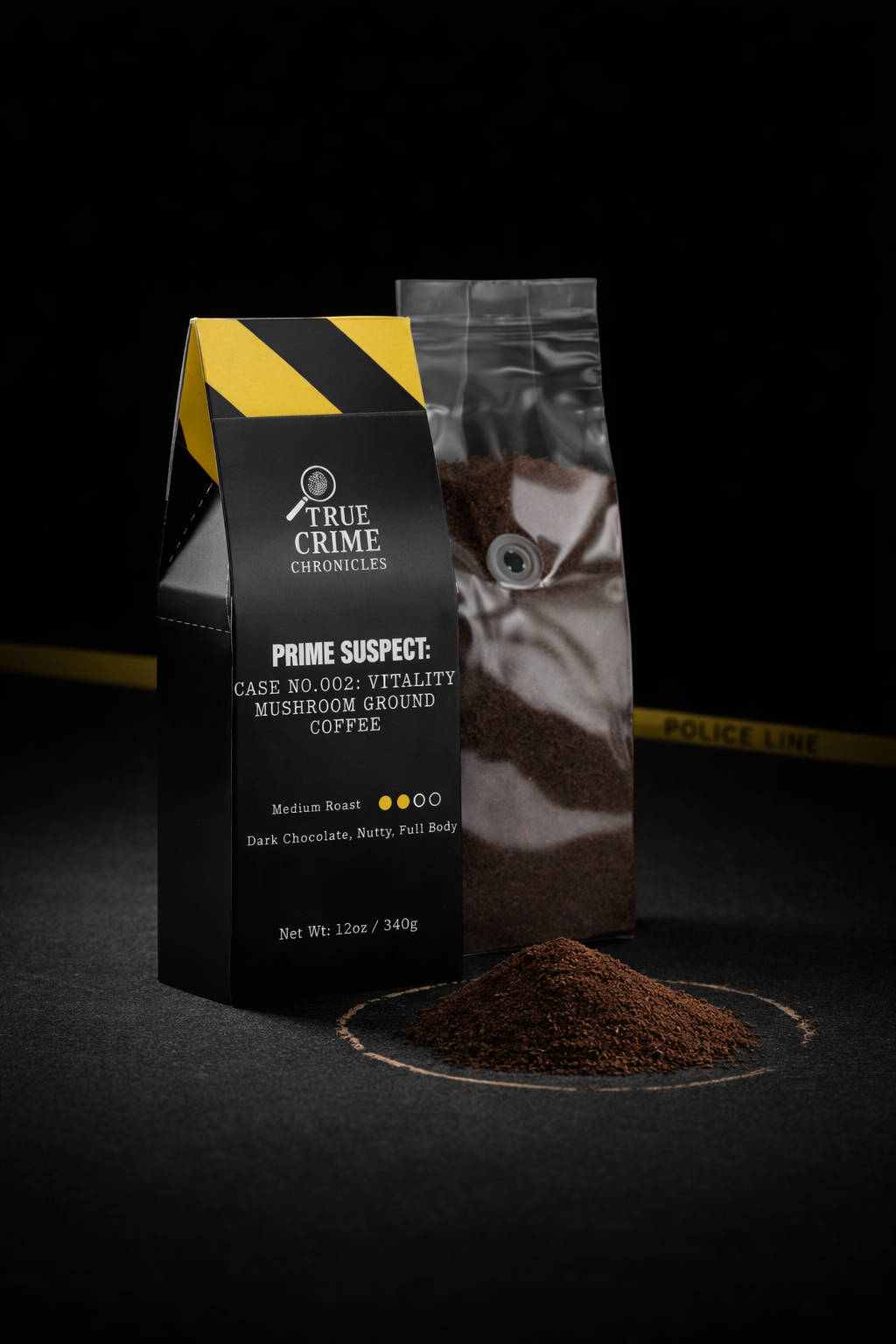 Forensic Fuel mushroom ground coffee bag with coffee grounds True Crime Chronicles