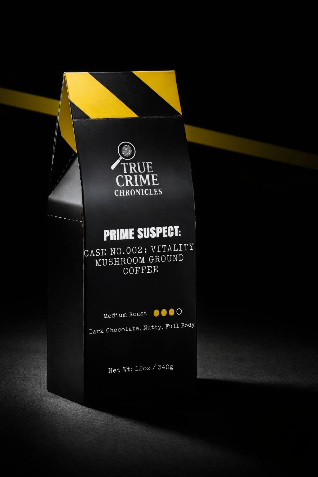 True Crime Chronicles Forensic Fuel mushroom coffee bag medium roast with Lion's Mane and Chaga