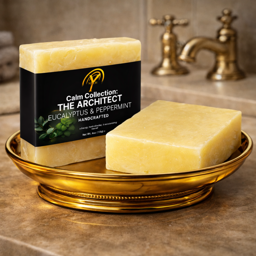 NDCH™ Calm Collection The Architect Bar eucalyptus peppermint handcrafted soap bar on gilded dish