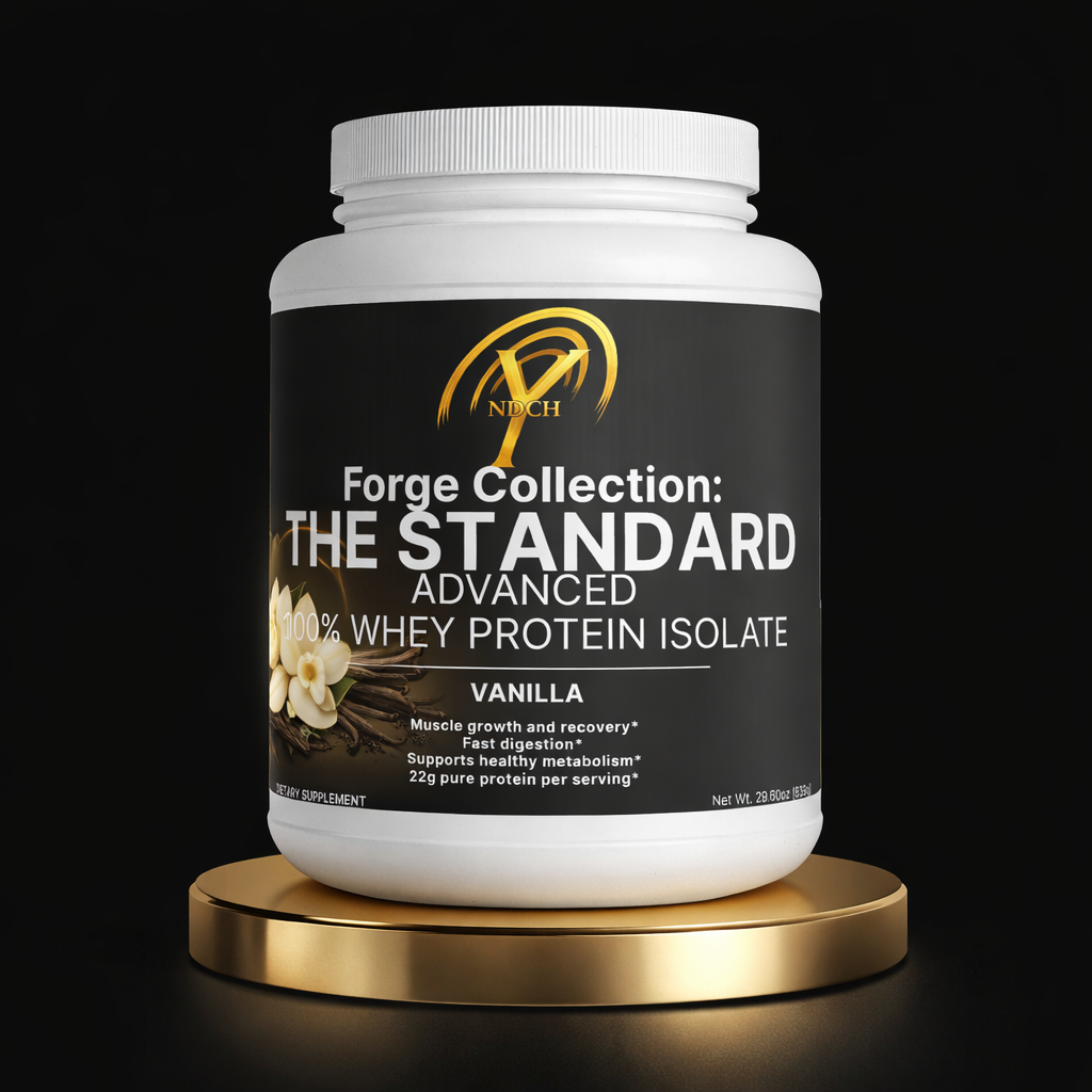 NDCH The Standard 100% Whey Protein Isolate vanilla flavor supplement bottle